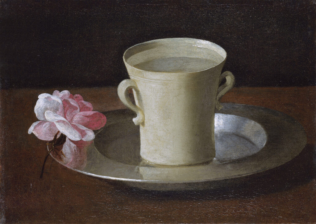 Zurbaran. Bicchiere d'acqua e rosa su vassoio d'argento, 1630 circa. National Gallery, Londra