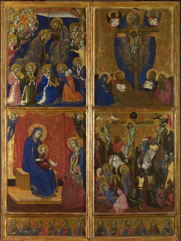 Barnaba da Modena. L'Incoronazione della Vergine; La Vergine con il Bambino; La Trinità; La Crocifissione e i Dodici Apostoli, 1374. National Gallery, Londra
