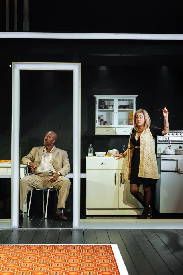 Gershwyn Eustache Jnr and Ria Zmitrowicz in ILFORD BOY (Donmar Warehouse, 2026) Photo by Helen Murray Gershwyn Eustache Jnr and Ria Zmitrowicz, photo by Helen Murray